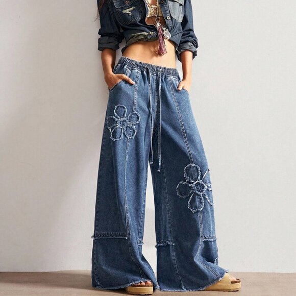 Dark Wash Women's Plus Size Casual Floral Print Drawstring Waist Wide Leg Pants